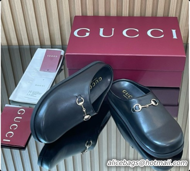 Good Taste Gucci Smooth Leather Flat Mules with Horsebit G92120 Black 2026