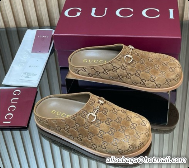 Discount Gucci GG Suede Flat Mules with Horsebit G92121 Brown 2026