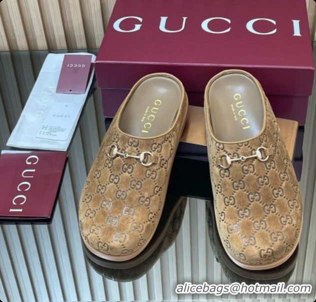 Discount Gucci GG Suede Flat Mules with Horsebit G92121 Brown 2026