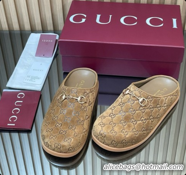 Discount Gucci GG Suede Flat Mules with Horsebit G92121 Brown 2026