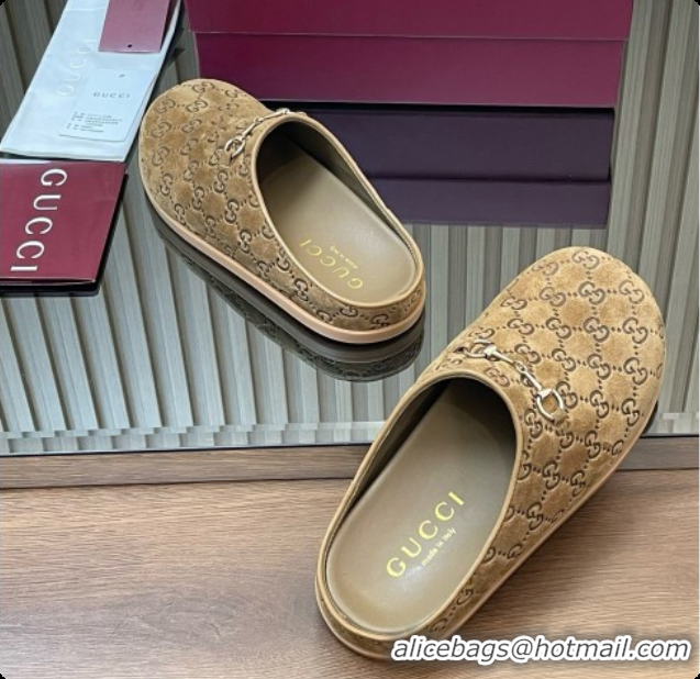 Discount Gucci GG Suede Flat Mules with Horsebit G92121 Brown 2026