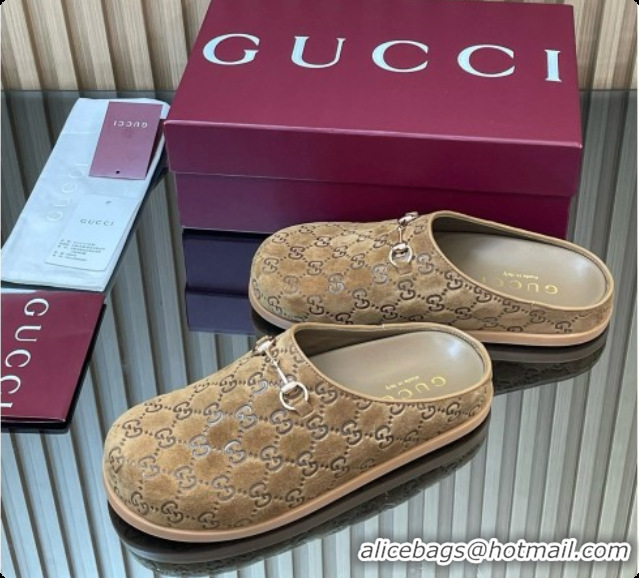 Discount Gucci GG Suede Flat Mules with Horsebit G92121 Brown 2026