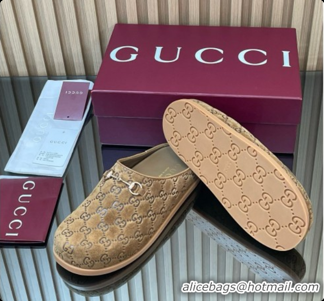 Discount Gucci GG Suede Flat Mules with Horsebit G92121 Brown 2026