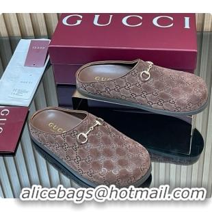Elegant Gucci GG Suede Flat Mules with Horsebit G92122 Dark Brown 2026