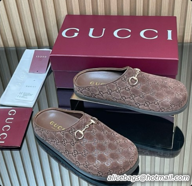 Elegant Gucci GG Suede Flat Mules with Horsebit G92122 Dark Brown 2026