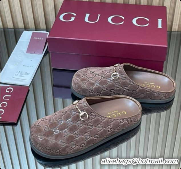 Elegant Gucci GG Suede Flat Mules with Horsebit G92122 Dark Brown 2026