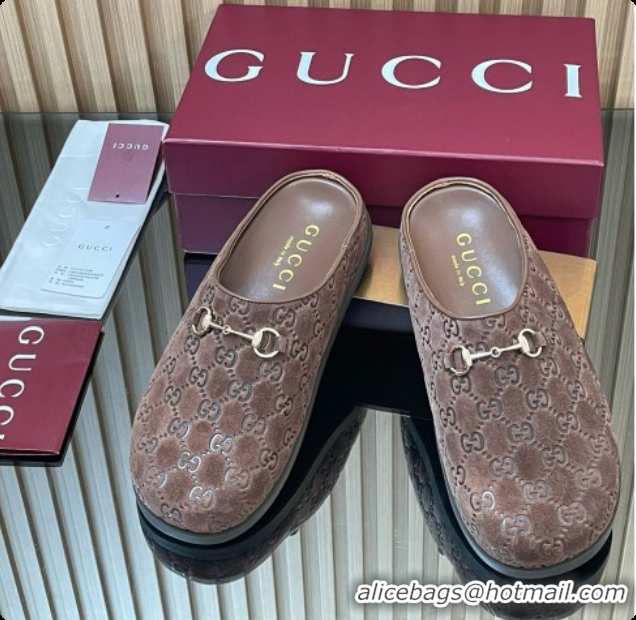 Elegant Gucci GG Suede Flat Mules with Horsebit G92122 Dark Brown 2026
