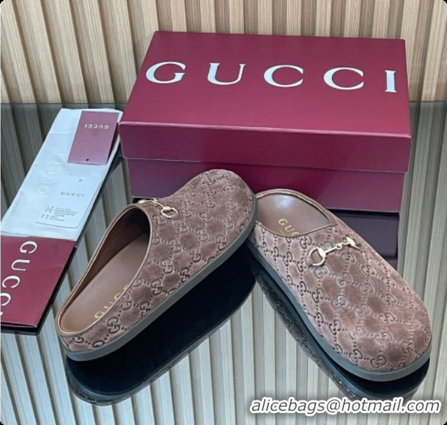 Elegant Gucci GG Suede Flat Mules with Horsebit G92122 Dark Brown 2026