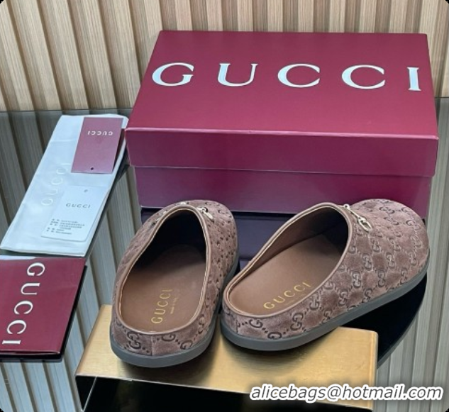 Elegant Gucci GG Suede Flat Mules with Horsebit G92122 Dark Brown 2026