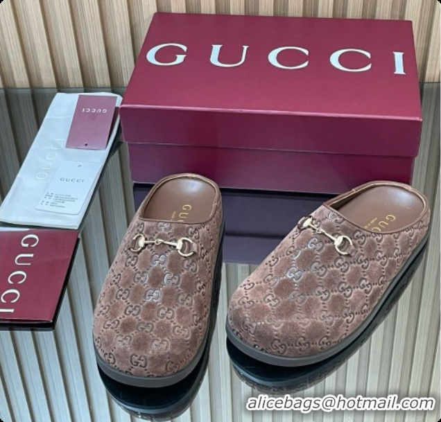 Elegant Gucci GG Suede Flat Mules with Horsebit G92122 Dark Brown 2026