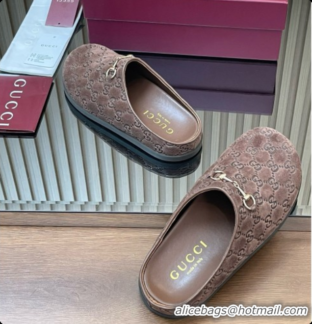 Elegant Gucci GG Suede Flat Mules with Horsebit G92122 Dark Brown 2026