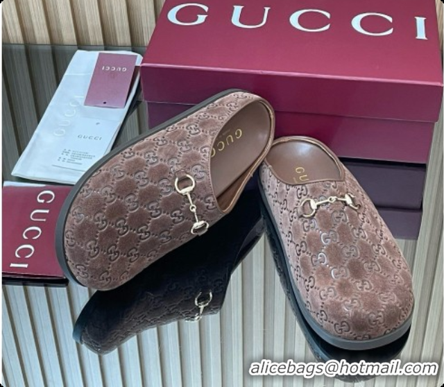 Elegant Gucci GG Suede Flat Mules with Horsebit G92122 Dark Brown 2026