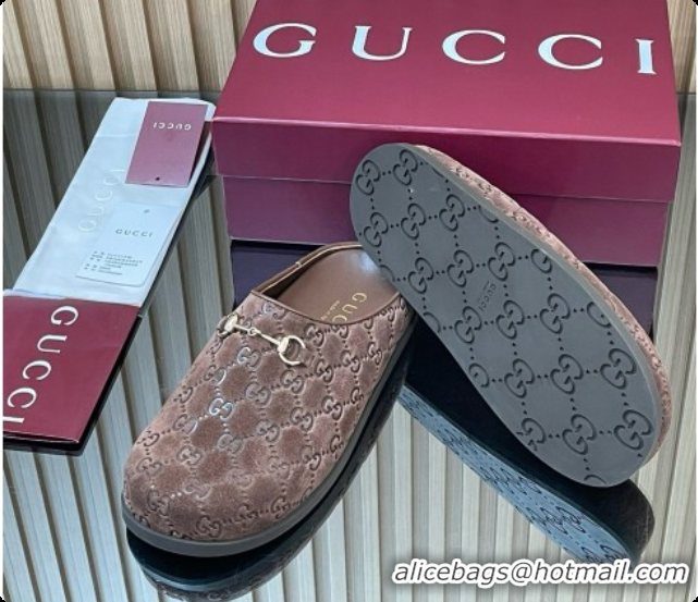 Elegant Gucci GG Suede Flat Mules with Horsebit G92122 Dark Brown 2026