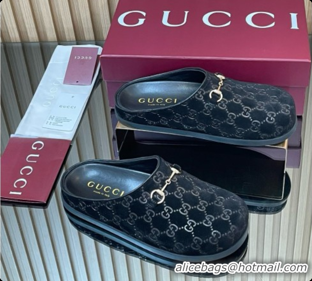 Stylish Gucci GG Suede Flat Mules with Horsebit G92123 Black 2026