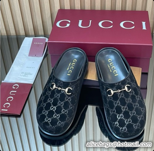 Stylish Gucci GG Suede Flat Mules with Horsebit G92123 Black 2026