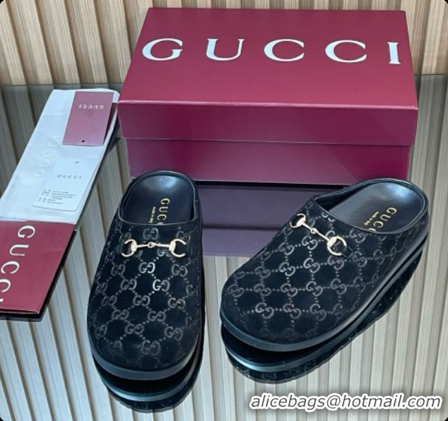 Stylish Gucci GG Suede Flat Mules with Horsebit G92123 Black 2026