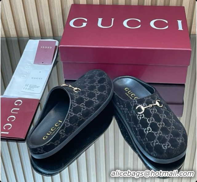 Stylish Gucci GG Suede Flat Mules with Horsebit G92123 Black 2026