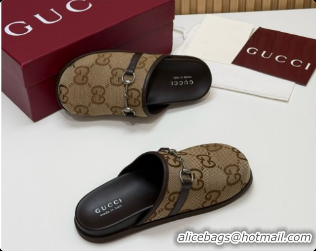 Sumptuous Gucci Maxi GG Canvas Flat Mules with Horsebit G92124 Brown 2026