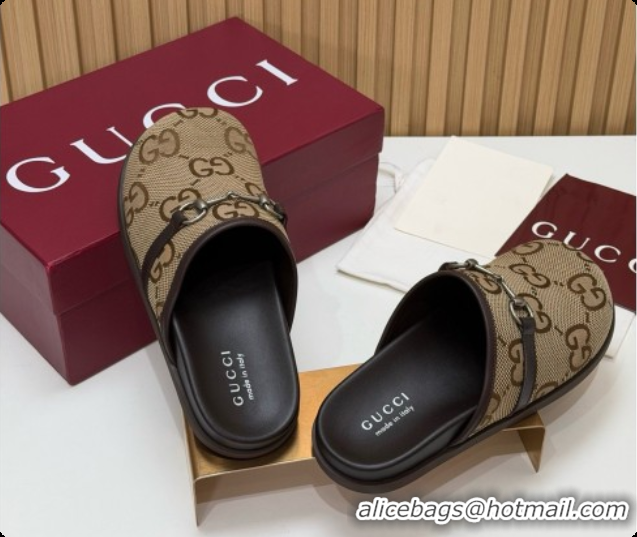 Sumptuous Gucci Maxi GG Canvas Flat Mules with Horsebit G92124 Brown 2026