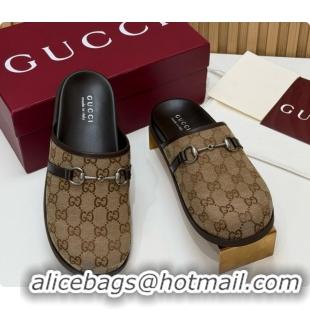 Top Design Gucci GG Canvas Flat Mules with Horsebit G92125 Brown 2026