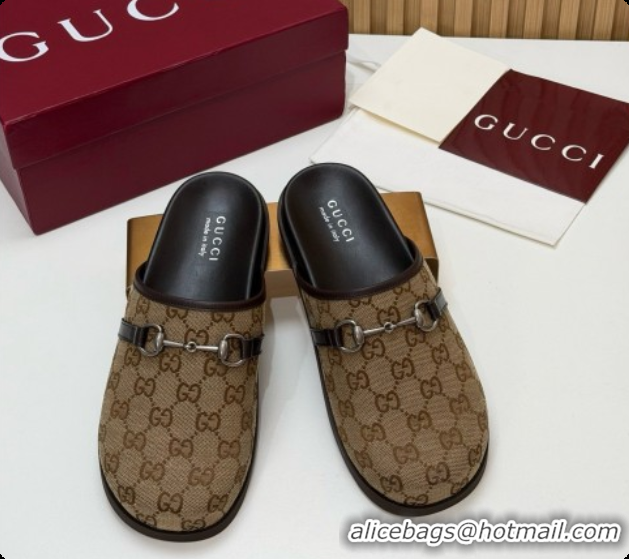 Top Design Gucci GG Canvas Flat Mules with Horsebit G92125 Brown 2026
