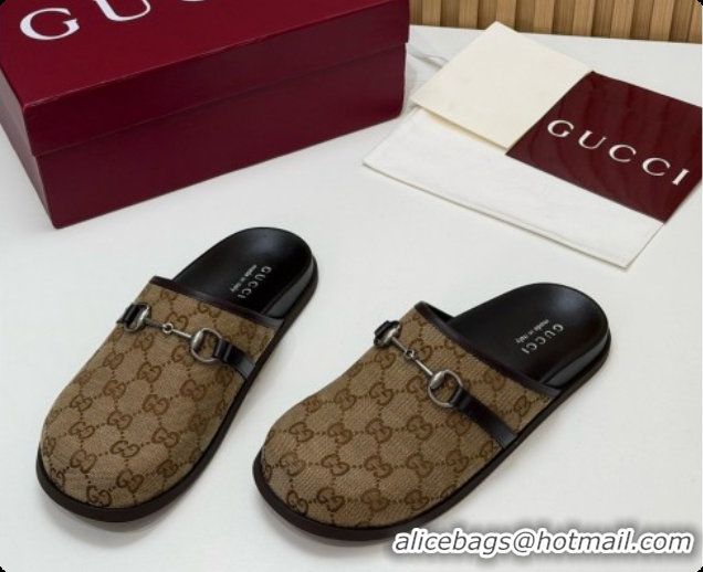 Top Design Gucci GG Canvas Flat Mules with Horsebit G92125 Brown 2026
