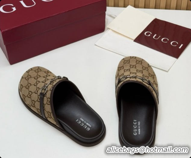 Top Design Gucci GG Canvas Flat Mules with Horsebit G92125 Brown 2026