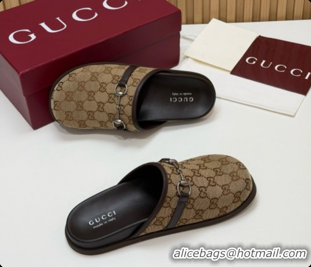 Top Design Gucci GG Canvas Flat Mules with Horsebit G92125 Brown 2026