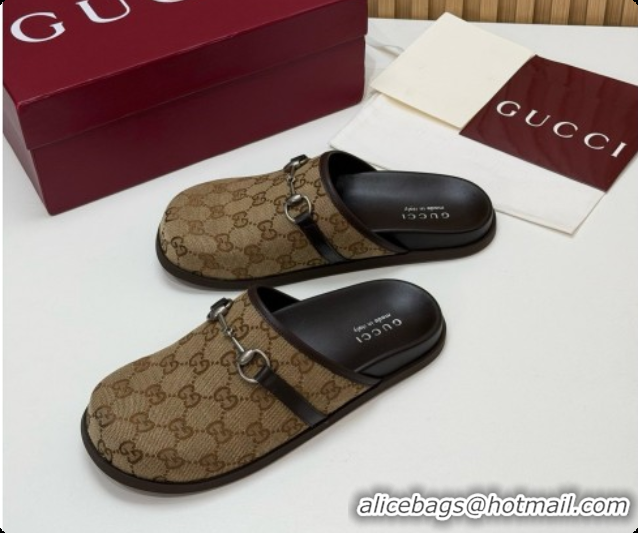 Top Design Gucci GG Canvas Flat Mules with Horsebit G92125 Brown 2026