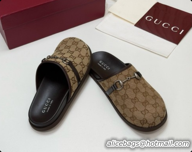 Top Design Gucci GG Canvas Flat Mules with Horsebit G92125 Brown 2026