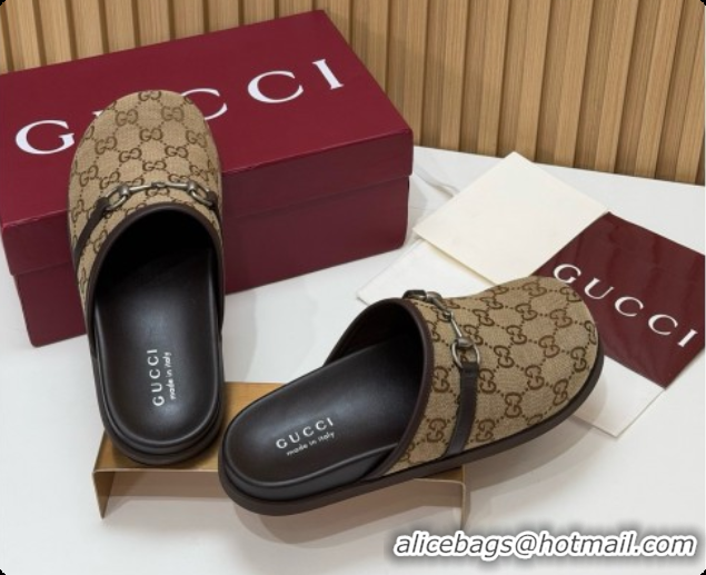Top Design Gucci GG Canvas Flat Mules with Horsebit G92125 Brown 2026
