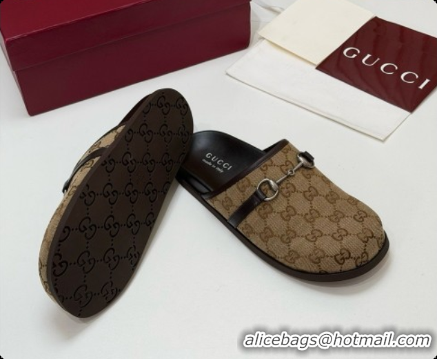 Top Design Gucci GG Canvas Flat Mules with Horsebit G92125 Brown 2026
