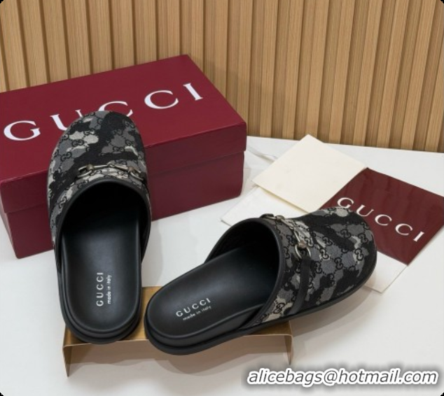 Cheap Price Gucci GG Canvas Flat Mules with Horsebit G92128 Black/Camouflage 2026