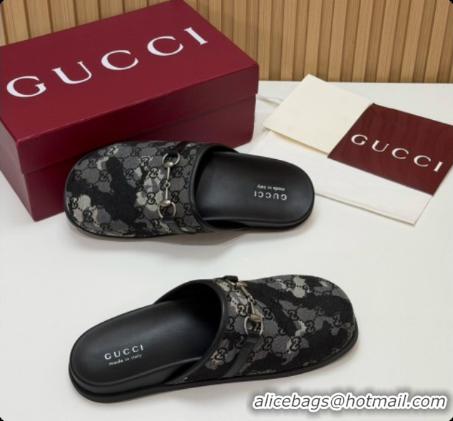 Cheap Price Gucci GG Canvas Flat Mules with Horsebit G92128 Black/Camouflage 2026