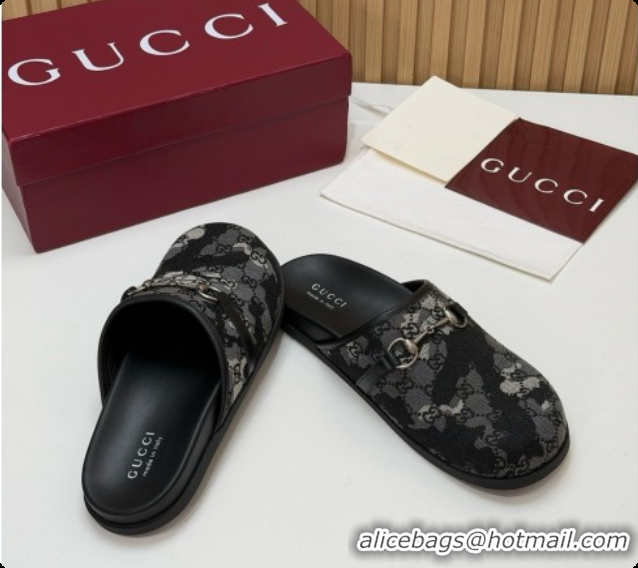 Cheap Price Gucci GG Canvas Flat Mules with Horsebit G92128 Black/Camouflage 2026