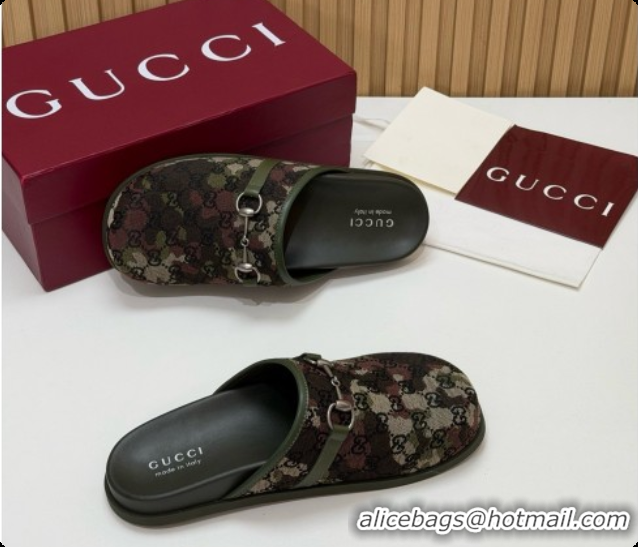 Big Discount Gucci GG Canvas Flat Mules with Horsebit G92129 Green/Camouflage 2026