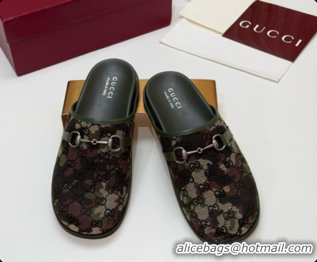 Big Discount Gucci GG Canvas Flat Mules with Horsebit G92129 Green/Camouflage 2026
