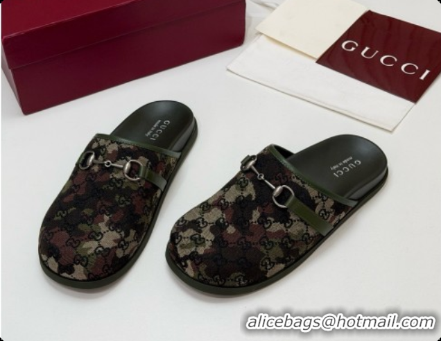 Big Discount Gucci GG Canvas Flat Mules with Horsebit G92129 Green/Camouflage 2026