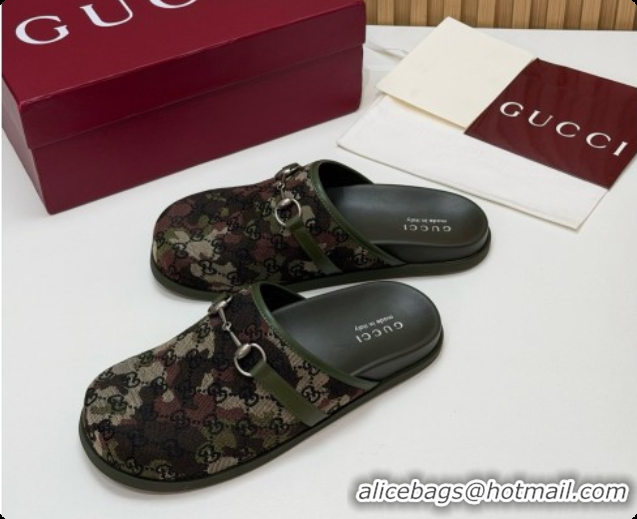 Big Discount Gucci GG Canvas Flat Mules with Horsebit G92129 Green/Camouflage 2026