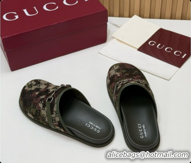 Big Discount Gucci GG Canvas Flat Mules with Horsebit G92129 Green/Camouflage 2026