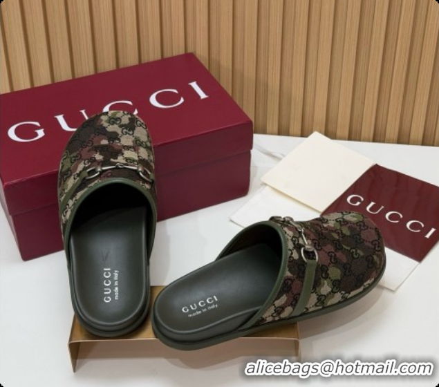 Big Discount Gucci GG Canvas Flat Mules with Horsebit G92129 Green/Camouflage 2026