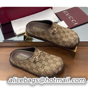 Unique Discount Gucci GG Canvas Flat Mules with Horsebit G92130 Brown/Gold 2026