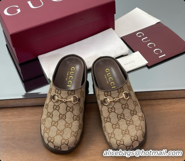Unique Discount Gucci GG Canvas Flat Mules with Horsebit G92130 Brown/Gold 2026