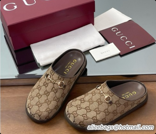 Unique Discount Gucci GG Canvas Flat Mules with Horsebit G92130 Brown/Gold 2026