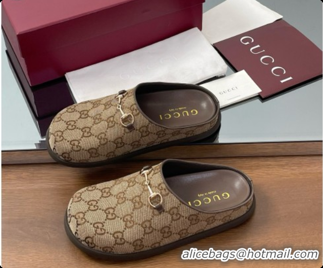 Unique Discount Gucci GG Canvas Flat Mules with Horsebit G92130 Brown/Gold 2026