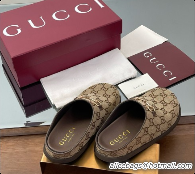 Unique Discount Gucci GG Canvas Flat Mules with Horsebit G92130 Brown/Gold 2026