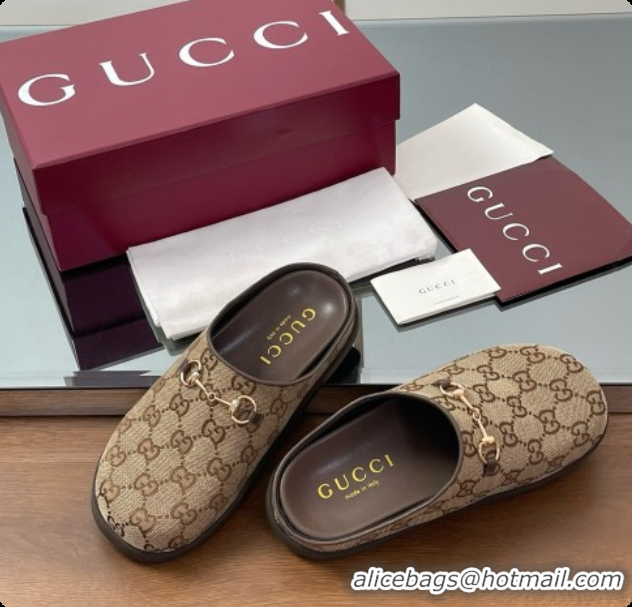 Unique Discount Gucci GG Canvas Flat Mules with Horsebit G92130 Brown/Gold 2026