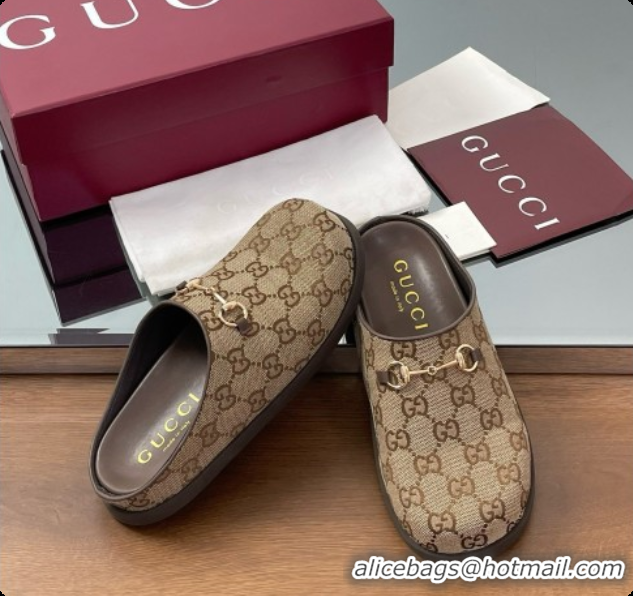 Unique Discount Gucci GG Canvas Flat Mules with Horsebit G92130 Brown/Gold 2026