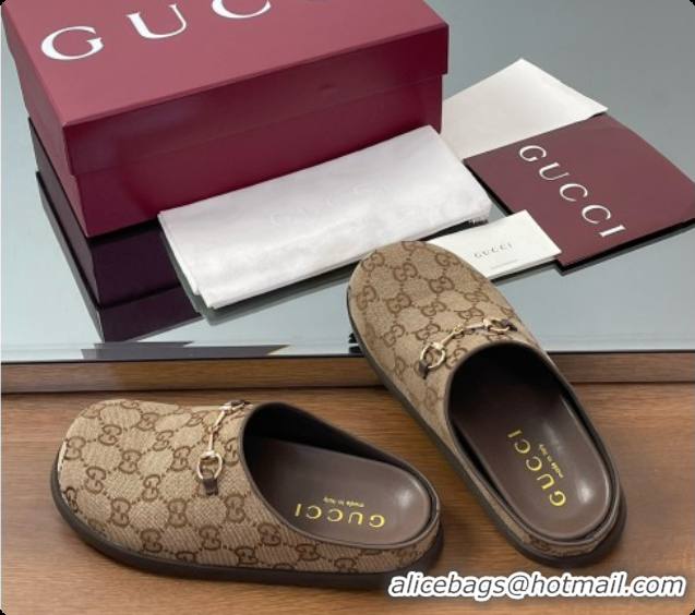 Unique Discount Gucci GG Canvas Flat Mules with Horsebit G92130 Brown/Gold 2026