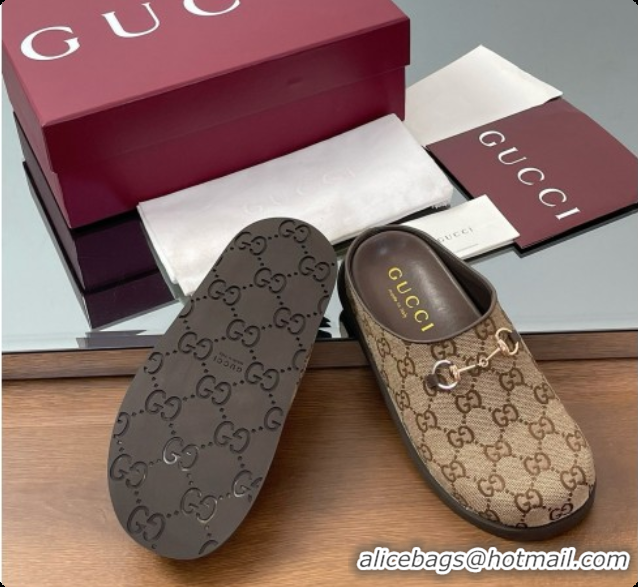 Unique Discount Gucci GG Canvas Flat Mules with Horsebit G92130 Brown/Gold 2026
